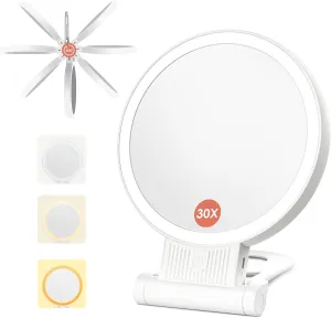 1X/30X Magnifying Mirror with Light and Adjustable Brightness, Makeup Mirror with 360° Rotation Adjustable Folding Handle, Portable Rechargeable Double Sided Mirror,Foldable Travel Mirror