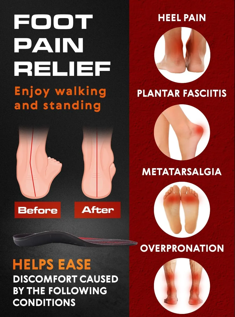 220  lbs Plantar Fasciitis High Arch Support Insoles Men Women - Orthotic Shoe Inserts - Boot Work Shoe Insole (XL, Black)