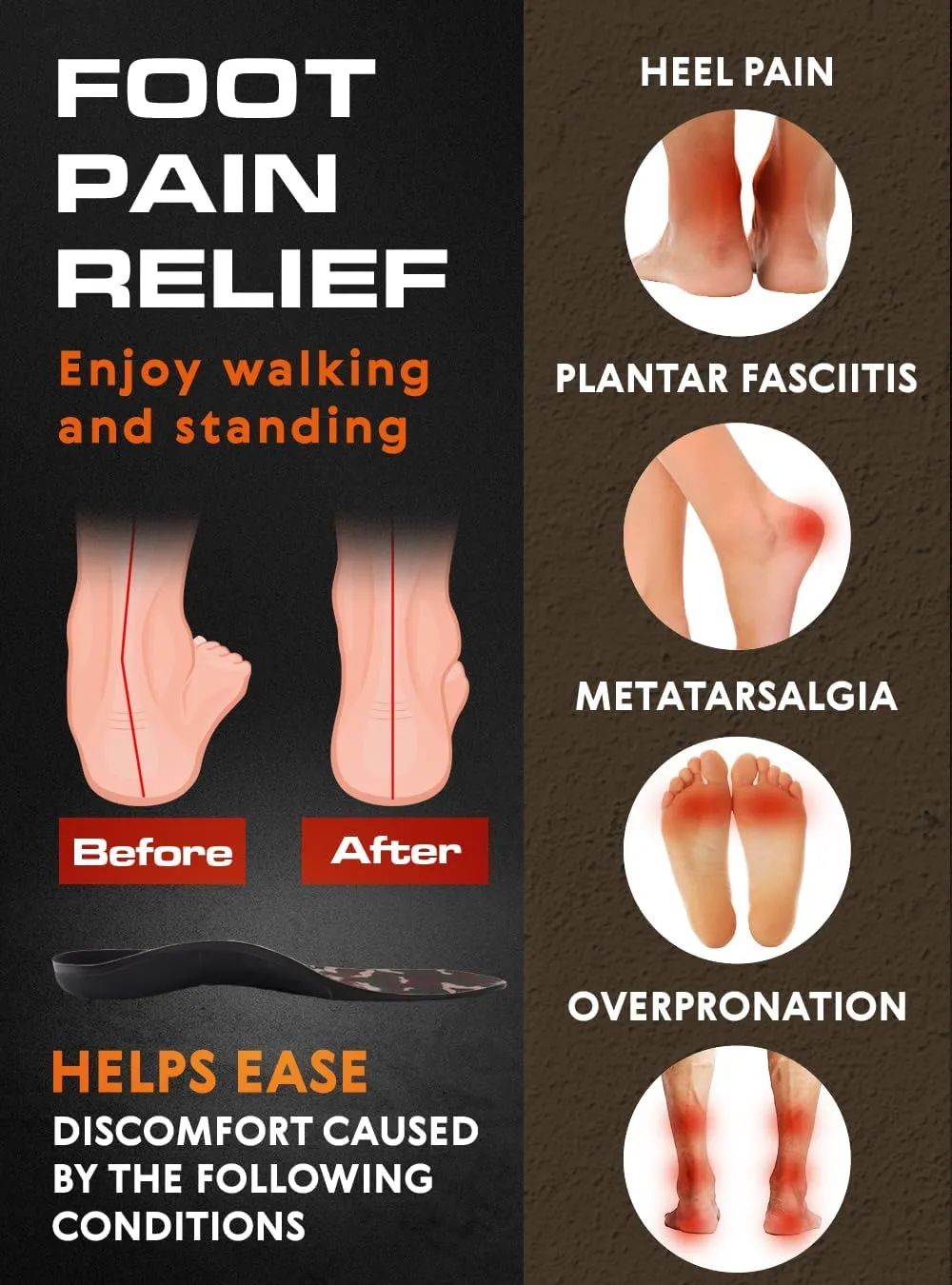 220  lbs Plantar Fasciitis High Arch Support Insoles Men Women - Orthotic Shoe Inserts - Boot Work Shoe Insole (XL, Dark Military)