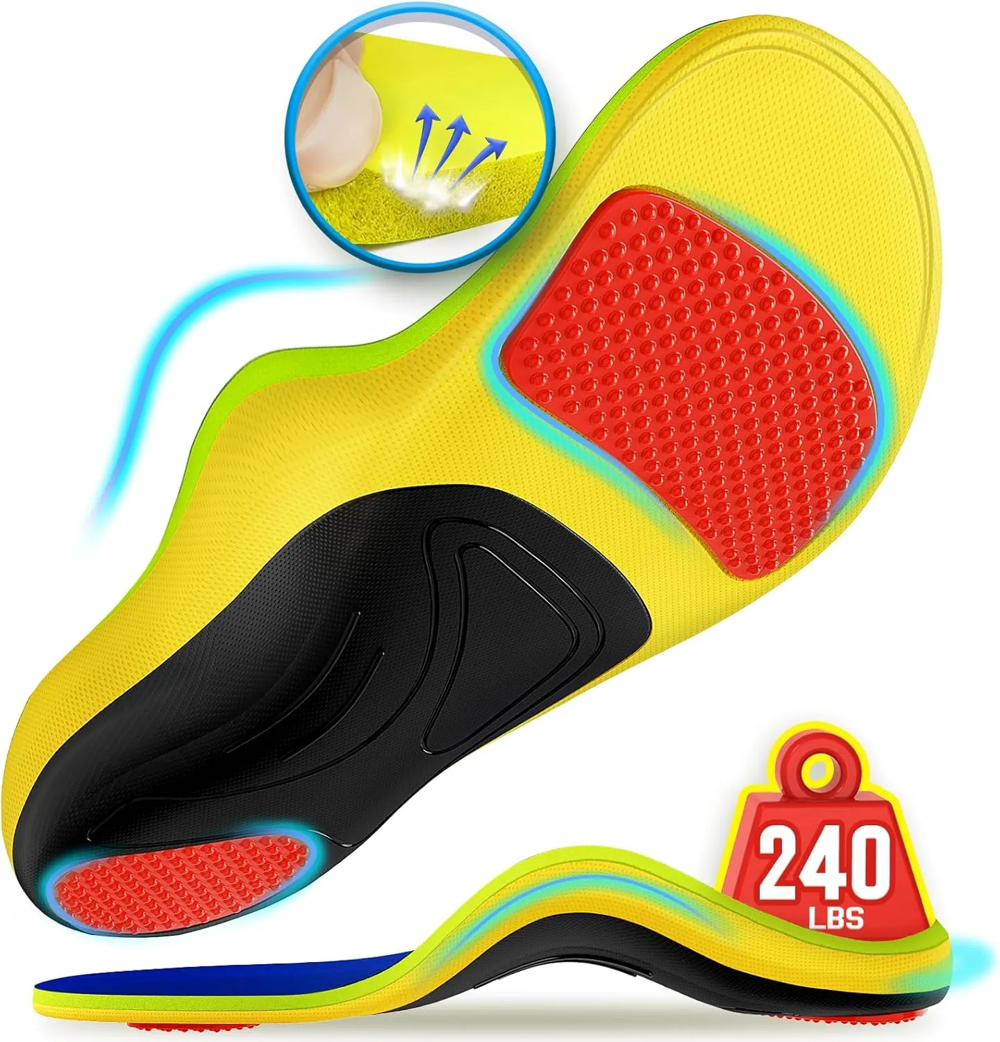 240 lbs Plantar Fasciitis Insoles Men Women, 100% Memory Foam Comfort Heavy Duty High Arch Support Inserts for Pain Relief Absorb Shock, Work Boot Shoe Insoles Orthotic for Flat Feet, Foot Pain