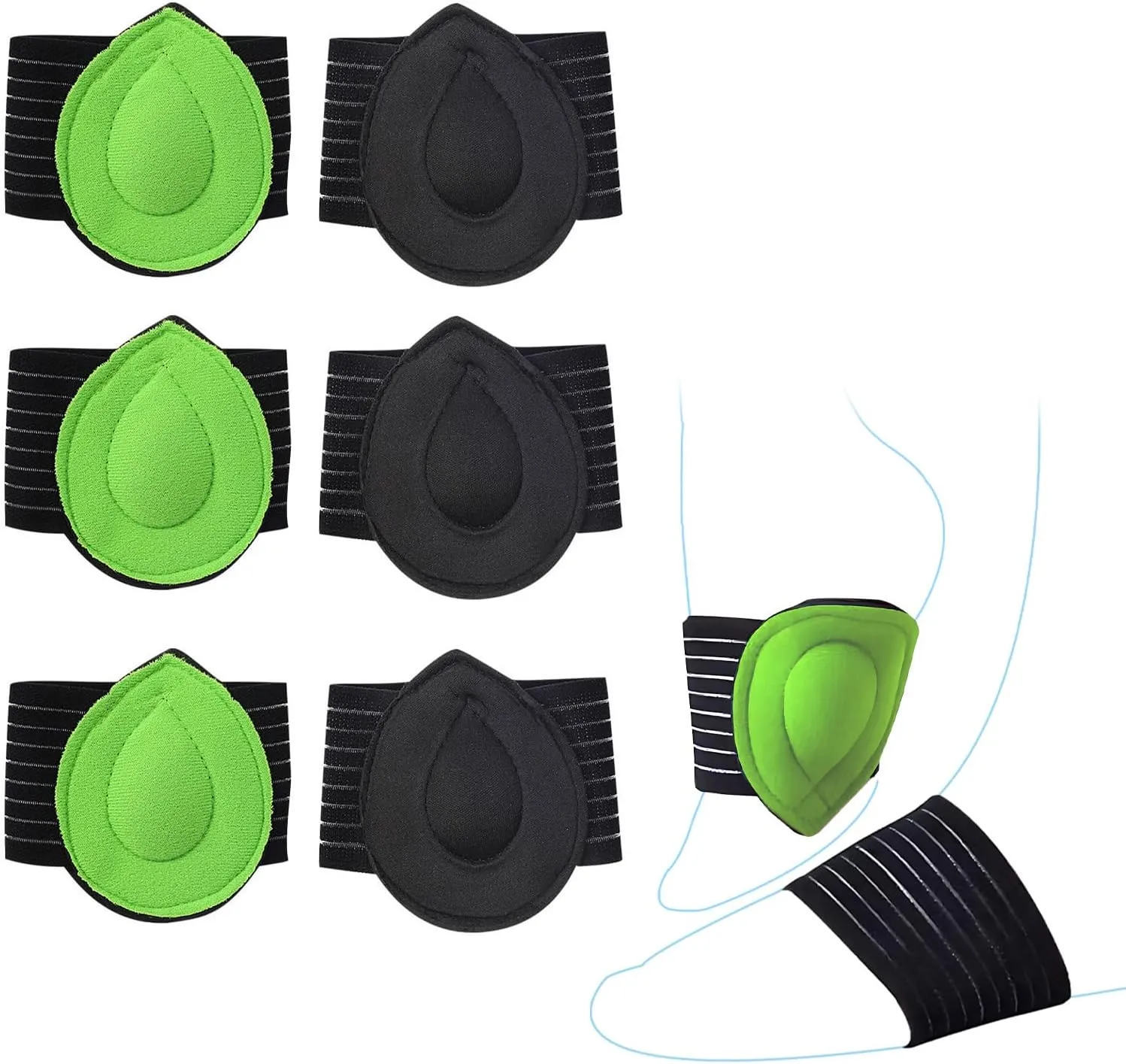 3 Pairs Adjustable Foot Arch Support Pads for Plantar Fasciitis, Heel Spurs, Flat Foot Pain Arch Support Brace with Cushioned Compression Sleeves Plantar Fasciitis Brace (01-Green)