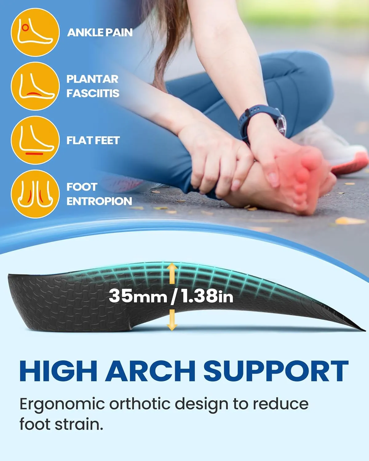 3/4 Arch Support Insoles for Women/Men, QBK Orthotics Shoe Insoles High Arch Supports Shoe Insoles for Plantar Fasciitis, Flat Feet, Over-Pronation, Relief Heel Spur Pain，L