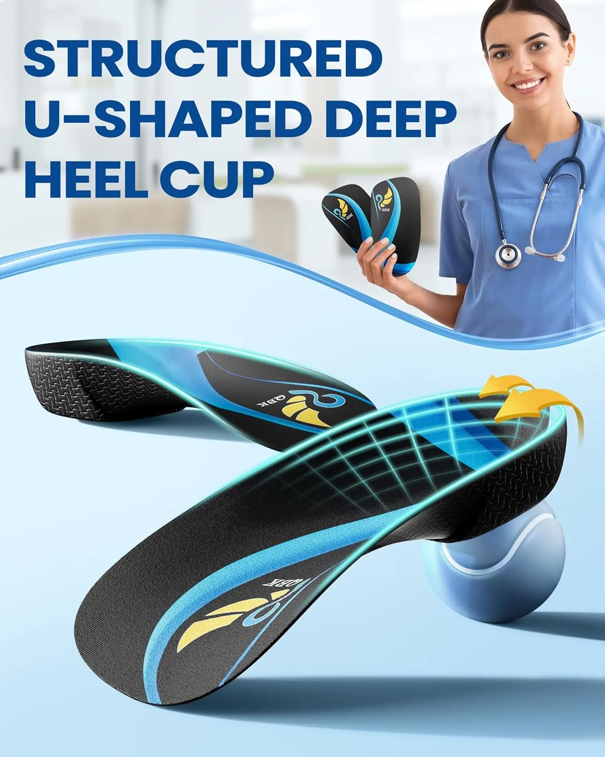 3/4 Arch Support Insoles for Women/Men, QBK Orthotics Shoe Insoles High Arch Supports Shoe Insoles for Plantar Fasciitis, Flat Feet, Over-Pronation, Relief Heel Spur Pain，L