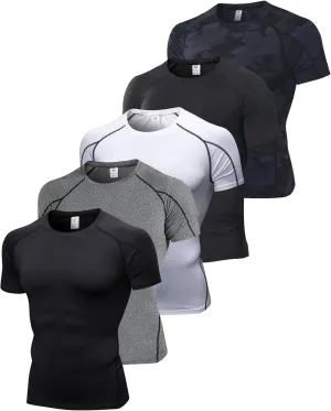 5 Pack Men's Compression Shirts Short Sleeve Camouflage Cool Dry Sports Athletic Workout Baselayer Undershirt T-Shirt Tops