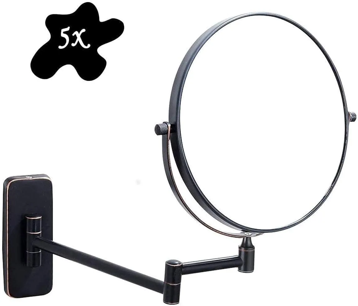5X Magnifying Wall Mounted Makeup Mirror with 360° Rotation, Adjustable Flexible Arm, Bronze Finish for Shaving & Makeup
