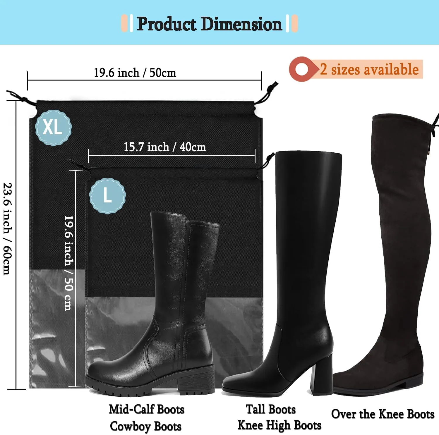 6 Pack Shoe Bags for Tall Boot Knee High Boot Storage Bag - 19.6" X 23.6", Black