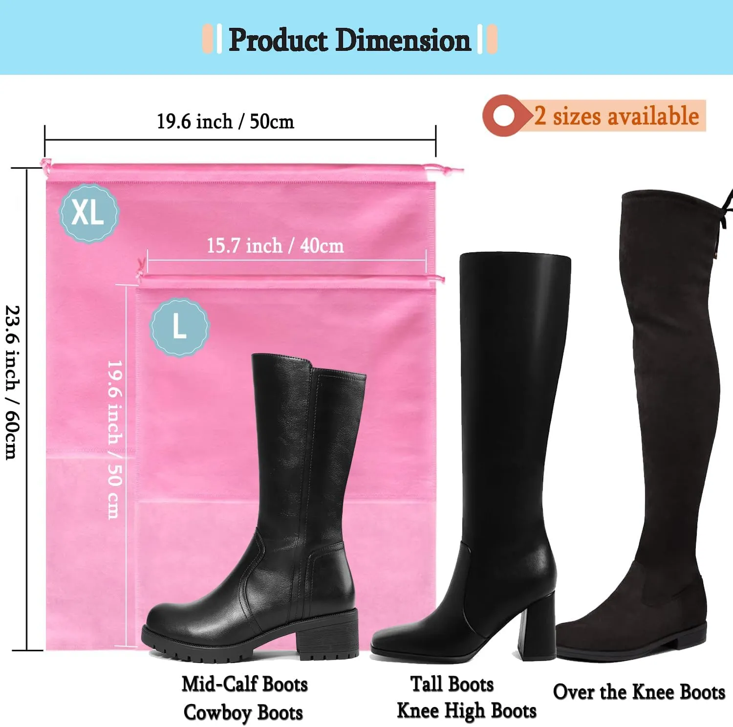 6 Pack Shoe Bags for Tall Boots, Knee High Boot Storage Bag, Non-Woven Drawstring Travel Shoe Organizer, Dust Bags for Purses and Handbags -19.6" X 23.6", Pink
