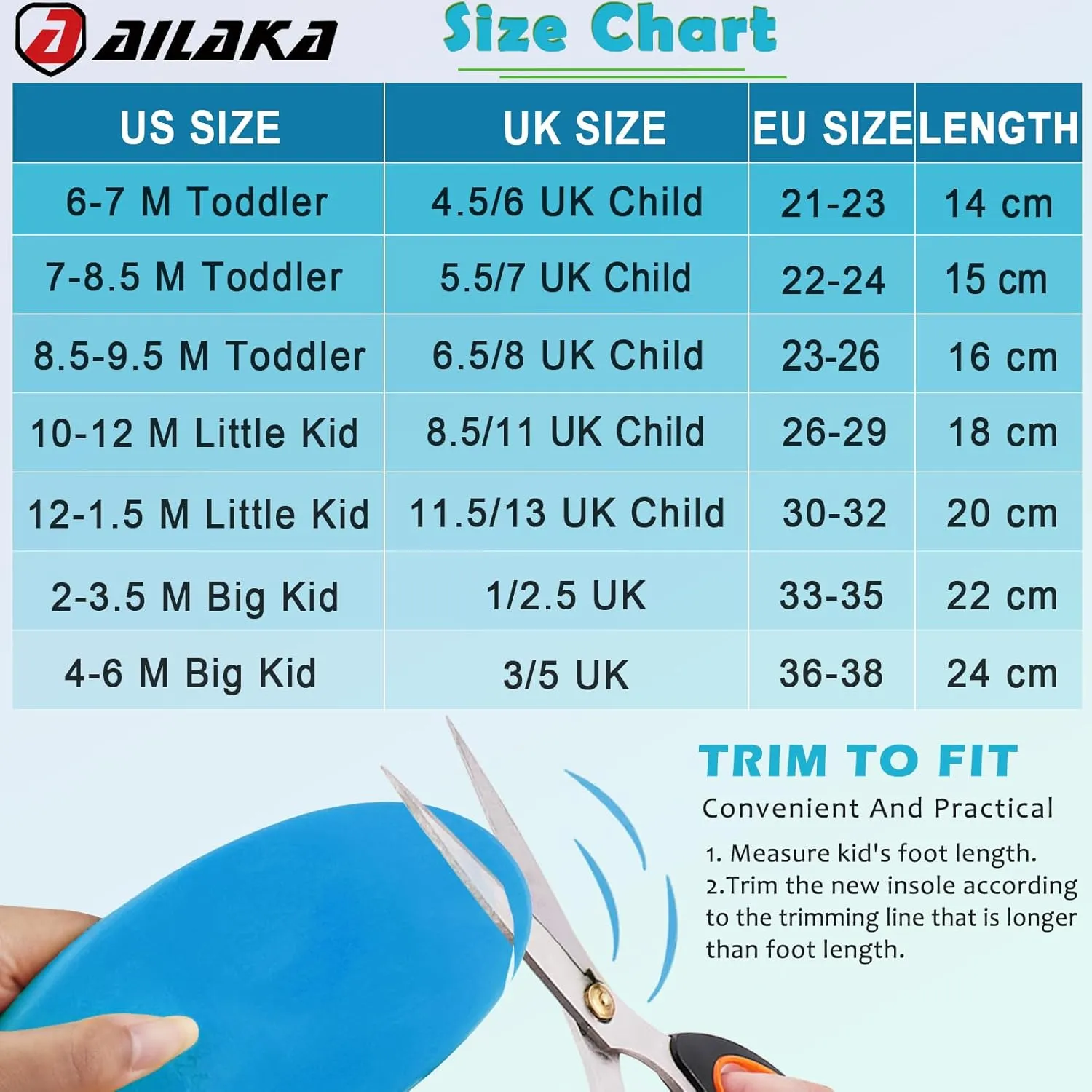 Ailaka Kids Orthotic Arch Support Insoles, PU Foam Cushioning Arch Support Shoe Insert for Overpronation Children Toddlers Flat feet, Plantar Fasciitis(6-7 M US Toddler)