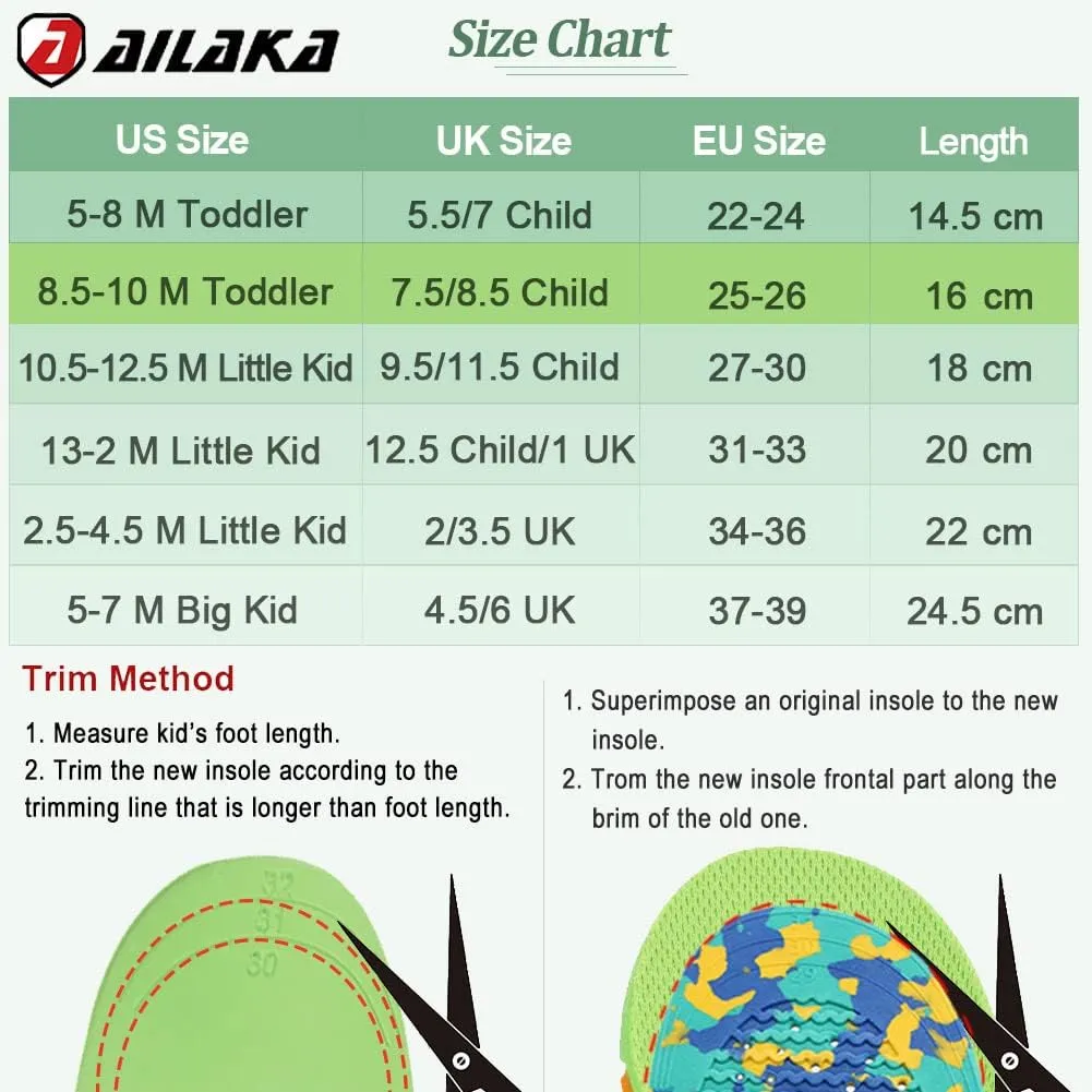 Ailaka Kids Orthotic Cushioning Arch Support Shoe Insoles, Children Pu Foam Inserts for Flat feet, Plantar Fasciitis, Feet Heel Pain Relief