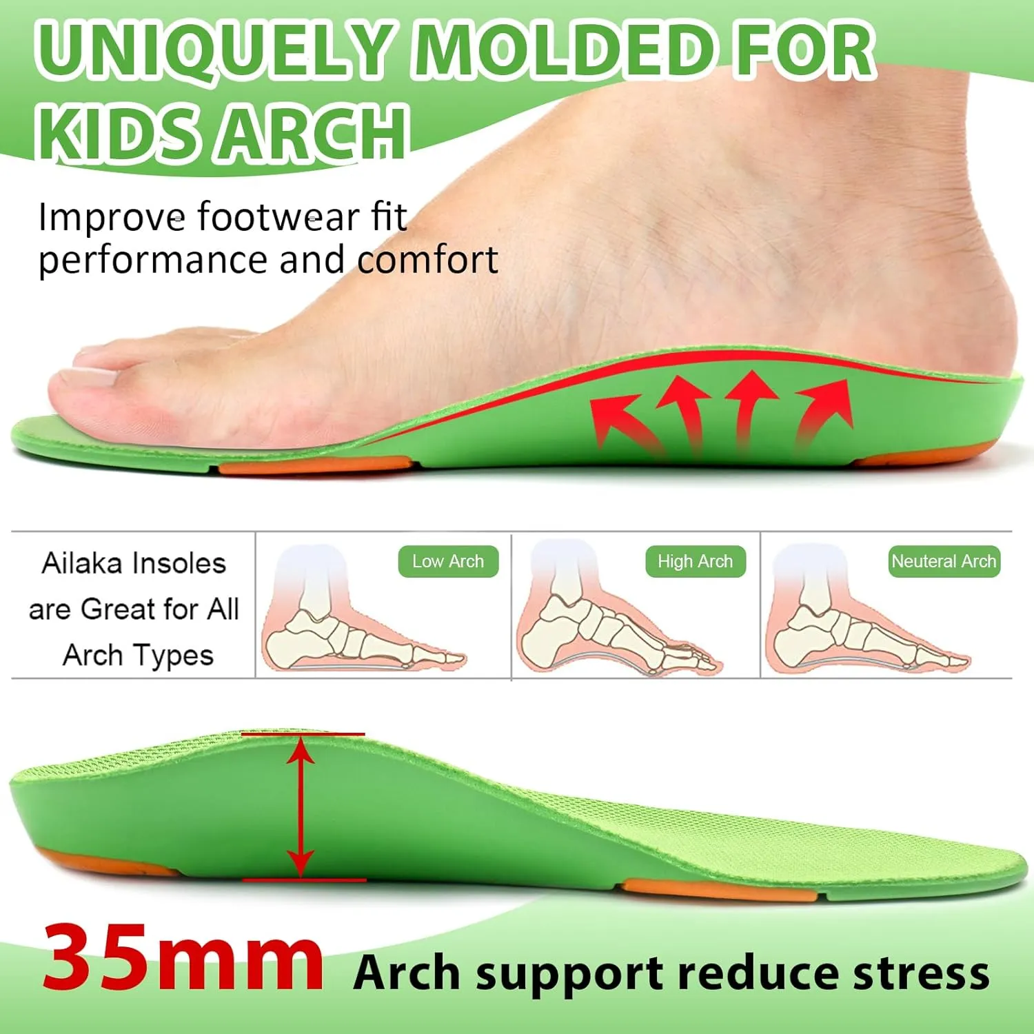 Ailaka Kids Orthotic Cushioning Arch Support Shoe Insoles, Children Pu Foam Inserts for Flat feet, Plantar Fasciitis, Feet Heel Pain Relief