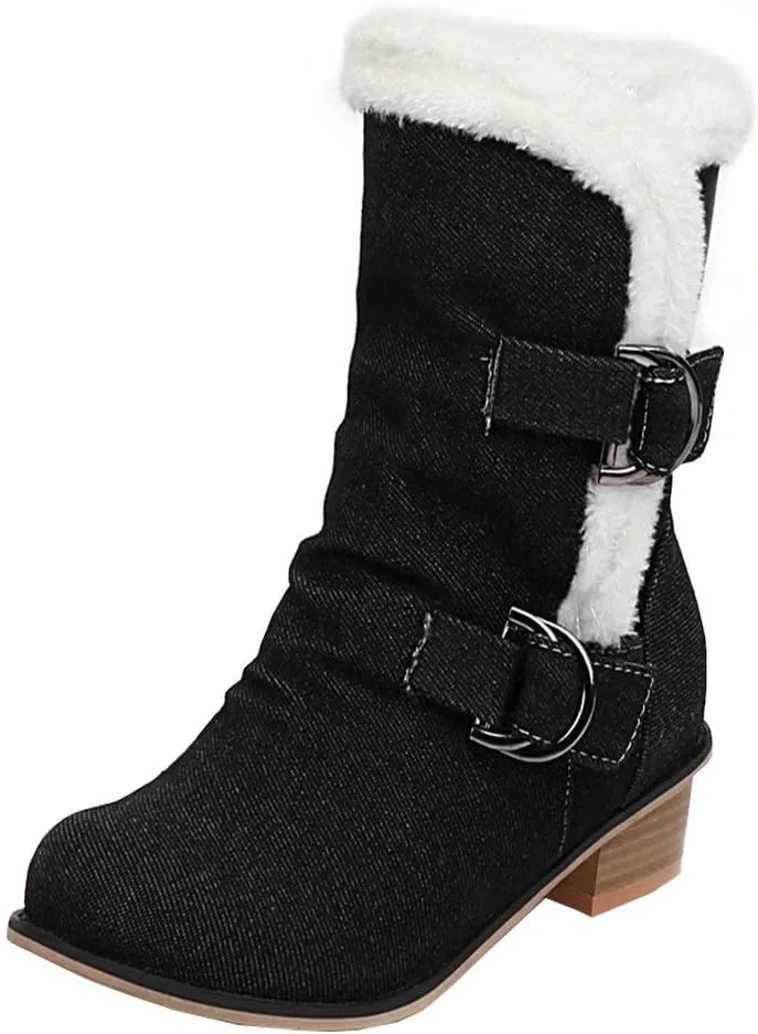 Alsoloveu Women Slouchy Chunky Heel Ankle Boot Fur Lined Low Heel Denim Booties Closed Toe