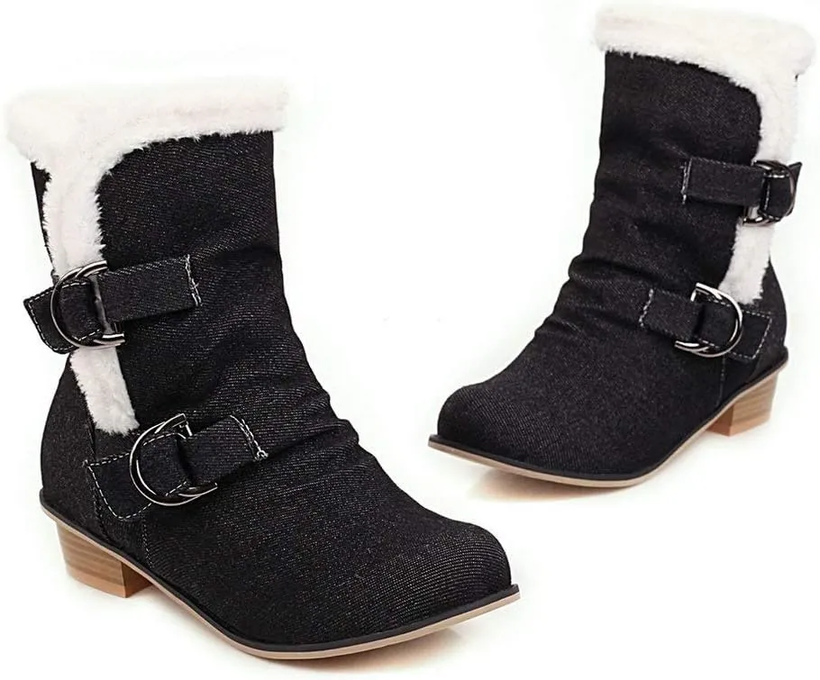 Alsoloveu Women Slouchy Chunky Heel Ankle Boot Fur Lined Low Heel Denim Booties Closed Toe
