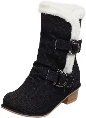 Alsoloveu Women Slouchy Chunky Heel Ankle Boot Fur Lined Low Heel Denim Booties Closed Toe