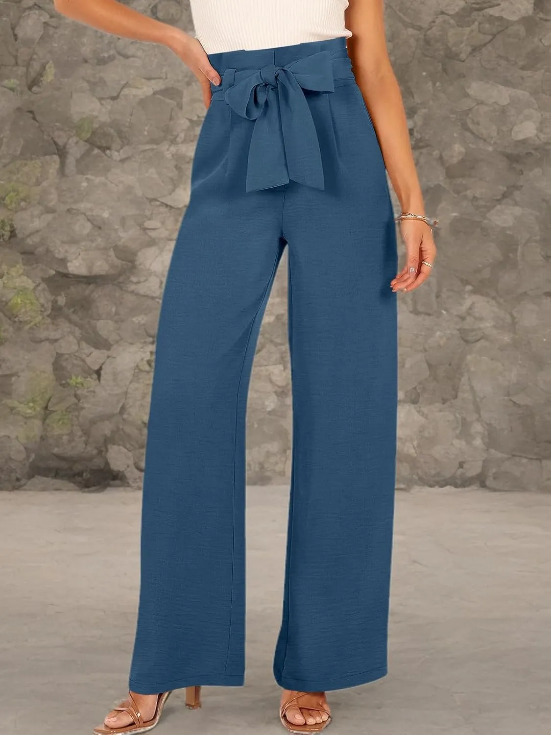 ANRABESS Womens Wide Leg Palazzo Pants Belted High Waisted Business Casual Flowy Long Trousers with Pockets