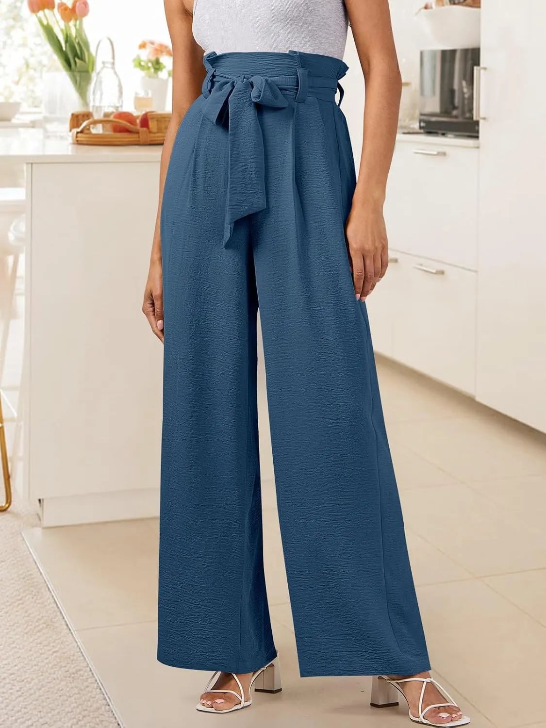 ANRABESS Womens Wide Leg Palazzo Pants Belted High Waisted Business Casual Flowy Long Trousers with Pockets