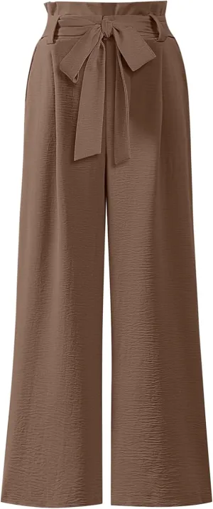 ANRABESS Womens Wide Leg Palazzo Pants Belted High Waisted Business Casual Flowy Long Trousers with Pockets
