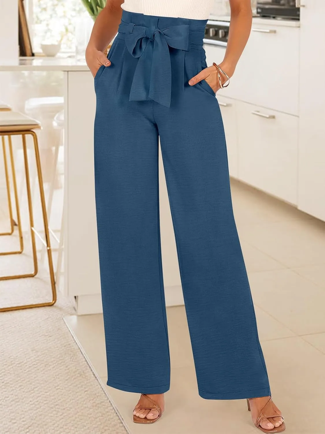 ANRABESS Womens Wide Leg Palazzo Pants Belted High Waisted Business Casual Flowy Long Trousers with Pockets