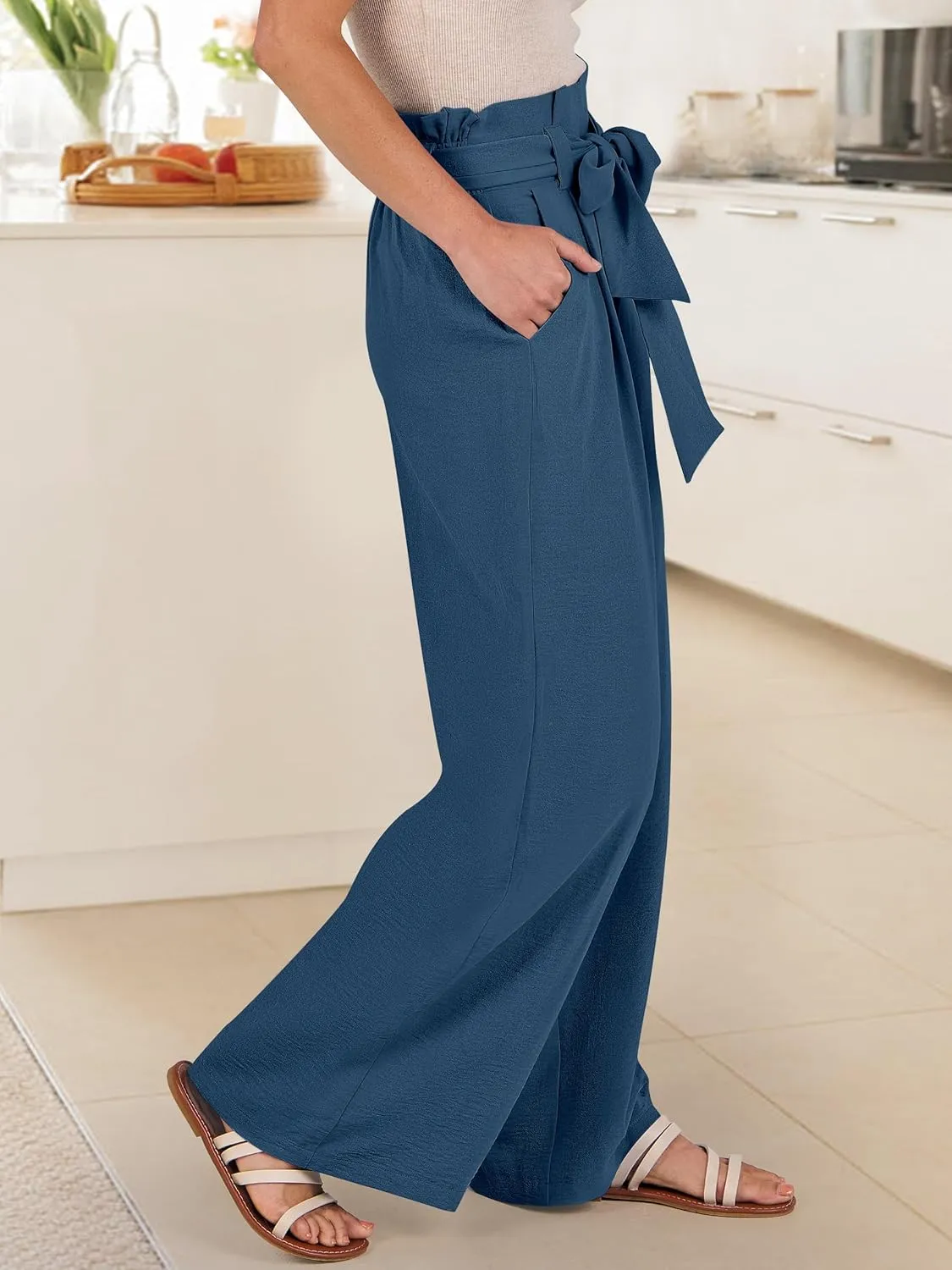 ANRABESS Womens Wide Leg Palazzo Pants Belted High Waisted Business Casual Flowy Long Trousers with Pockets