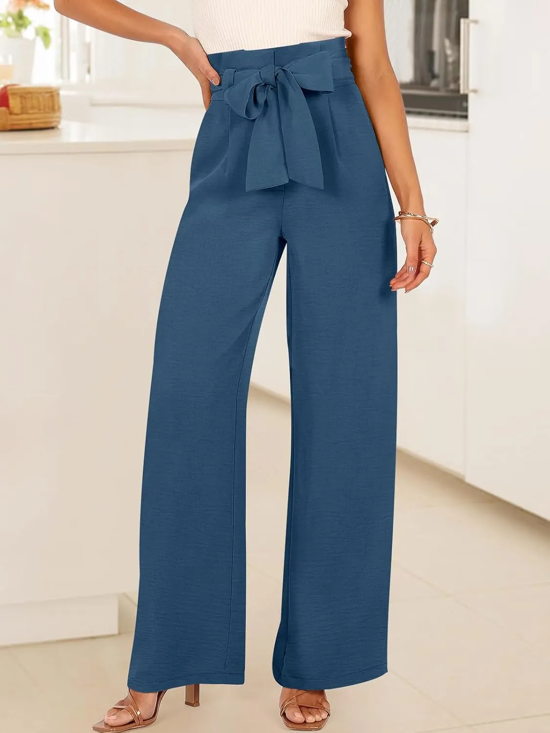 ANRABESS Womens Wide Leg Palazzo Pants Belted High Waisted Business Casual Flowy Long Trousers with Pockets