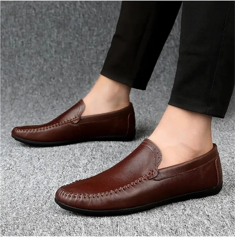 Anti-Slip Lightweight Loafers Round Toe Solid Color Leather Flat Heel Slip-On Boat Shoes