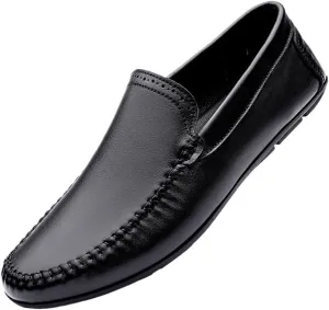 Anti-Slip Lightweight Loafers Round Toe Solid Color Leather Flat Heel Slip-On Boat Shoes