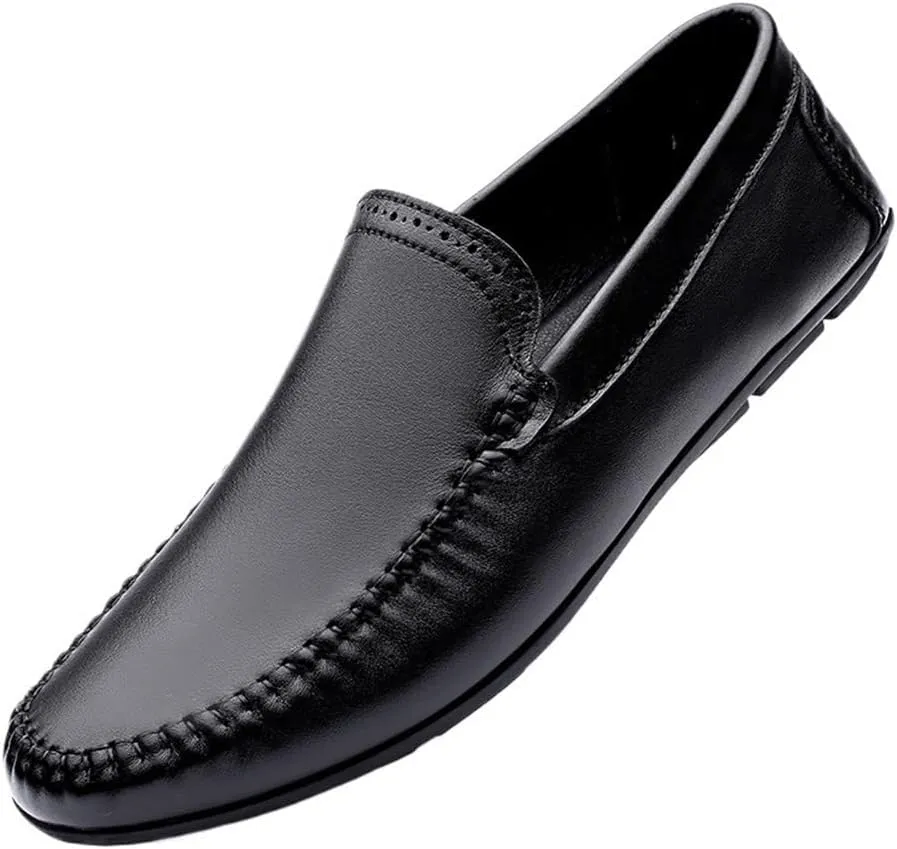 Anti-Slip Lightweight Loafers Round Toe Solid Color Leather Flat Heel Slip-On Boat Shoes