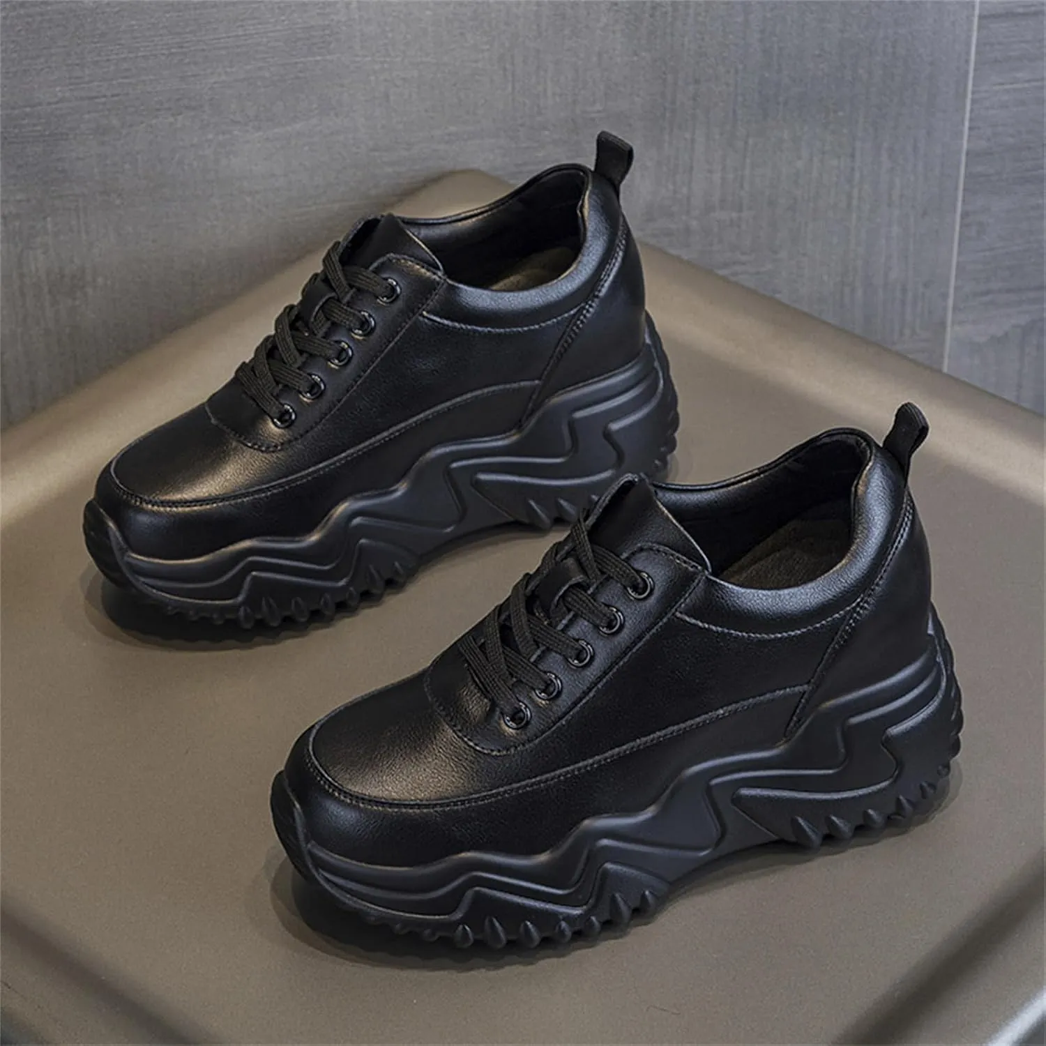 AONEGOLD Platform Sneakers High Heel Wedge Sneakers for Women Fashion Leather Chunky Sneakers Casual Walking Shoes Lace up Sneakers Increasing 3.15 inch