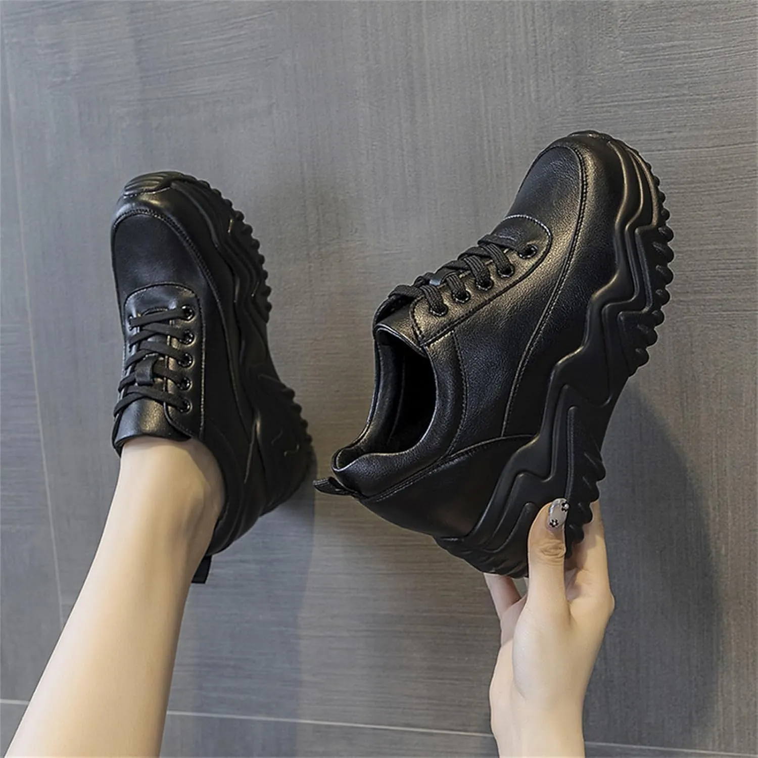 AONEGOLD Platform Sneakers High Heel Wedge Sneakers for Women Fashion Leather Chunky Sneakers Casual Walking Shoes Lace up Sneakers Increasing 3.15 inch