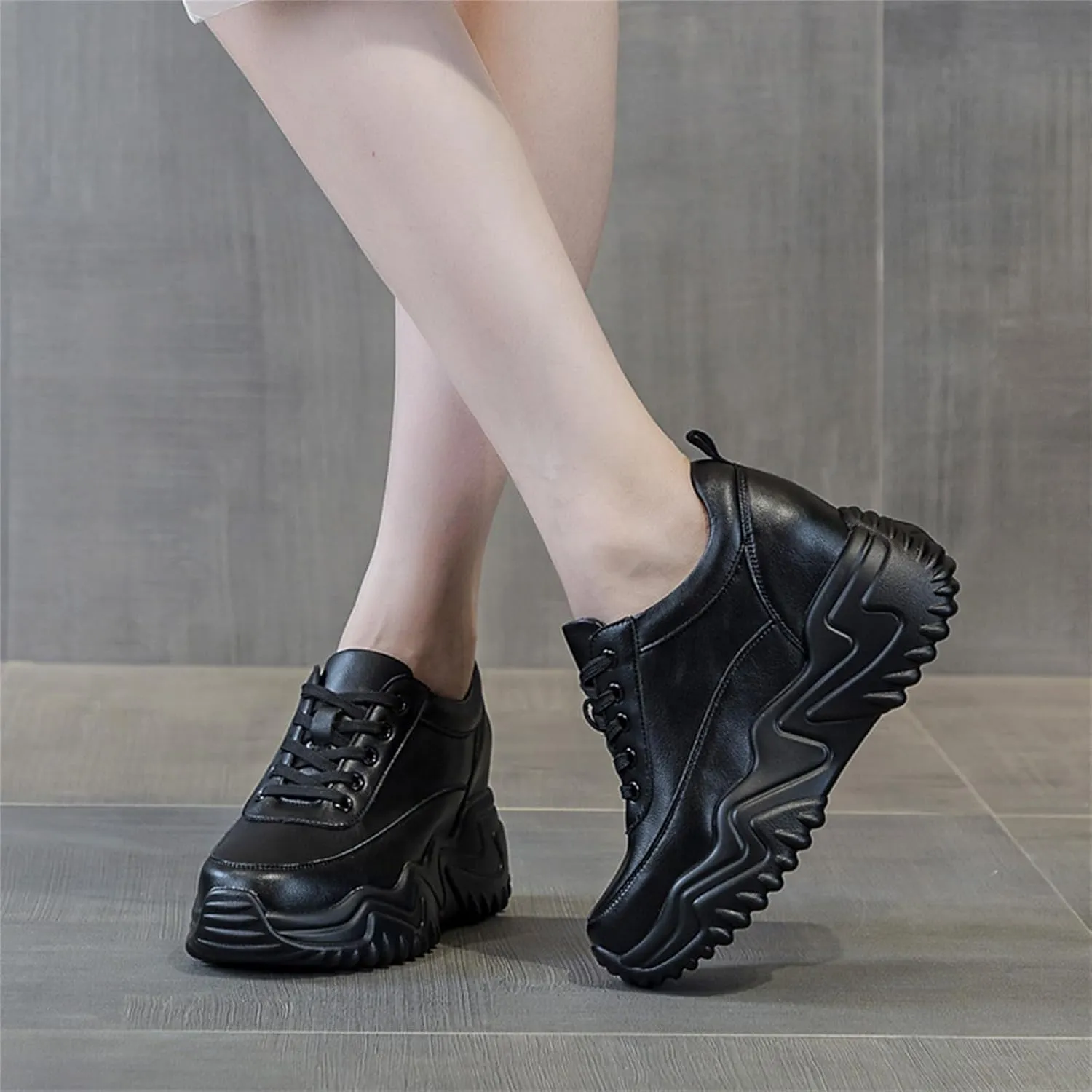AONEGOLD Platform Sneakers High Heel Wedge Sneakers for Women Fashion Leather Chunky Sneakers Casual Walking Shoes Lace up Sneakers Increasing 3.15 inch