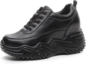 AONEGOLD Platform Sneakers High Heel Wedge Sneakers for Women Fashion Leather Chunky Sneakers Casual Walking Shoes Lace up Sneakers Increasing 3.15 inch