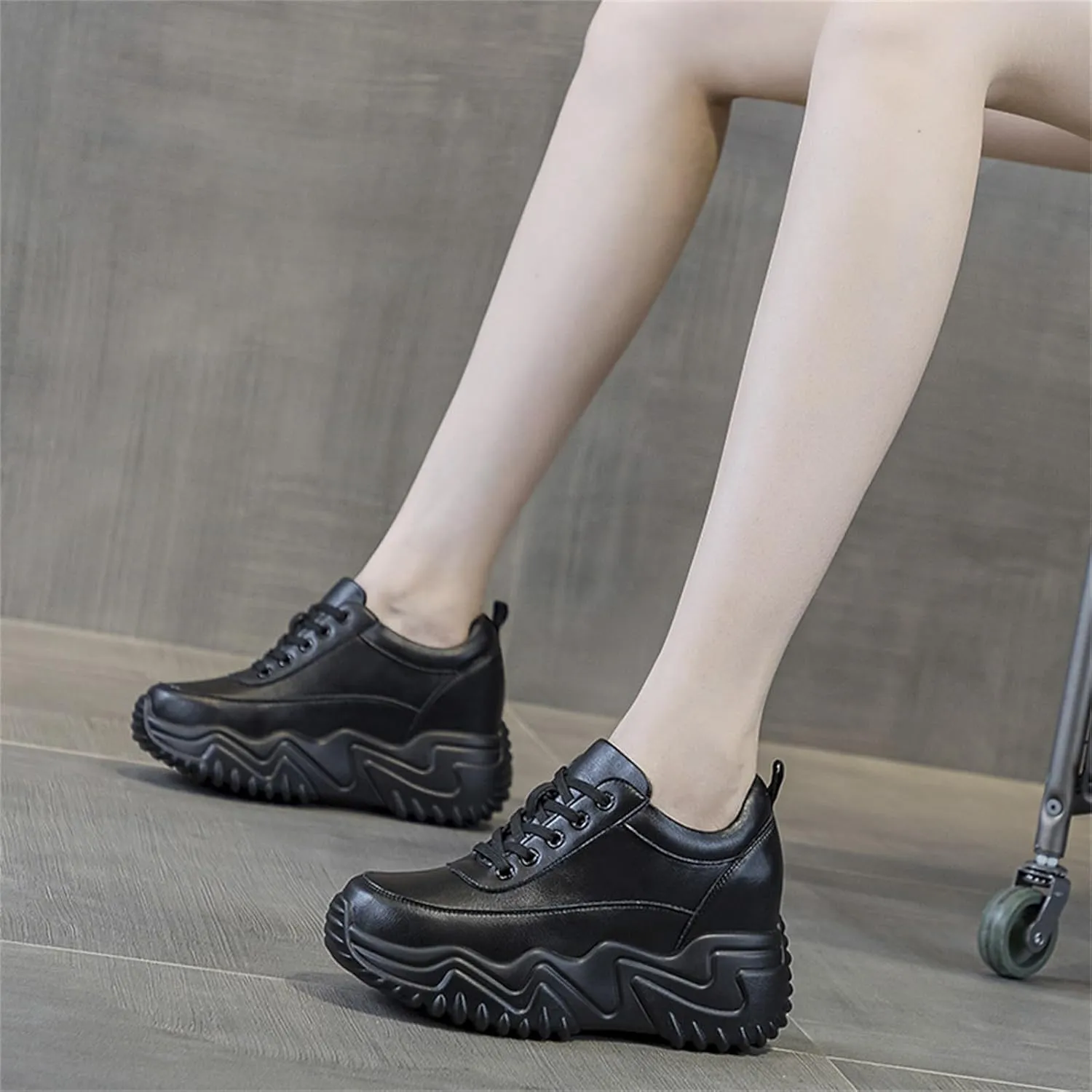 AONEGOLD Platform Sneakers High Heel Wedge Sneakers for Women Fashion Leather Chunky Sneakers Casual Walking Shoes Lace up Sneakers Increasing 3.15 inch