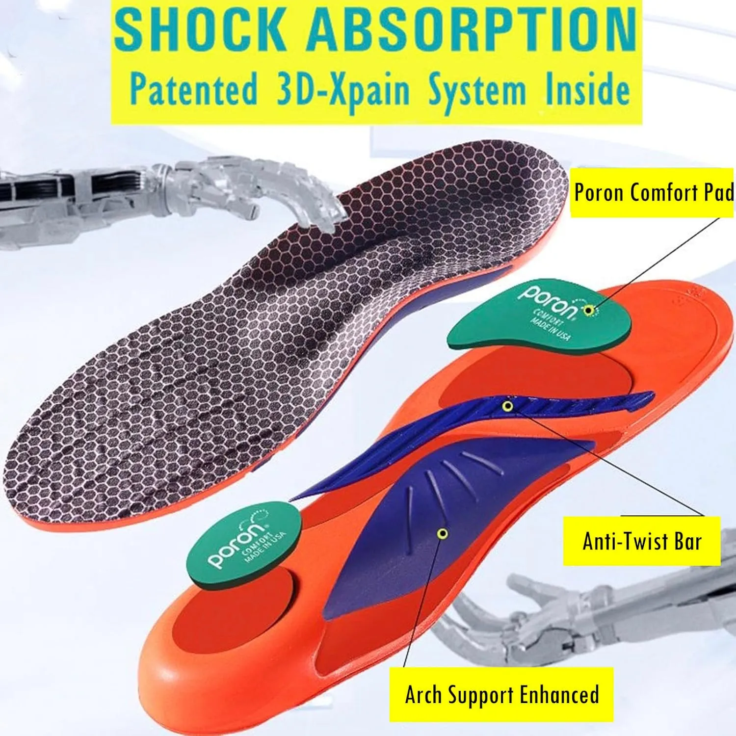 Arch Support Gel Insoles Women Men 7-Times-Shock-Protection 3D-Xpain™-Poron Plantar Fasciitis Orthotic Insoles Flat feet Insole Orthopedic Insoles Metatarsalgia Heel Pain Comfort Shoe Inserts