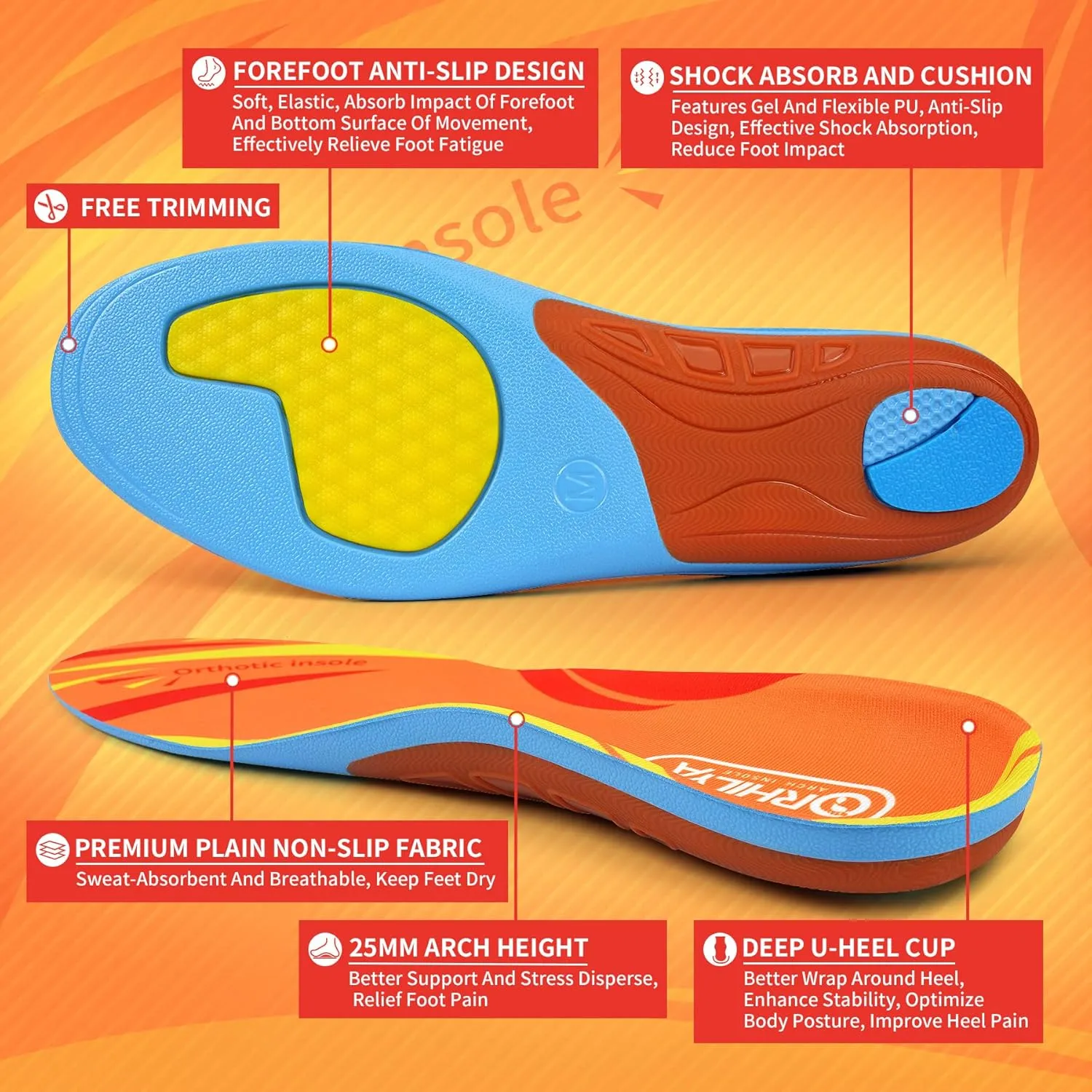 Arch Support Insert Plantar Fasciitis Pain Relief Heel Spur Orthopedic Insole Men Women, Flat Feet Comfort Gel Work Boot Shoe Orthotic Insert Long Time Standing, XL