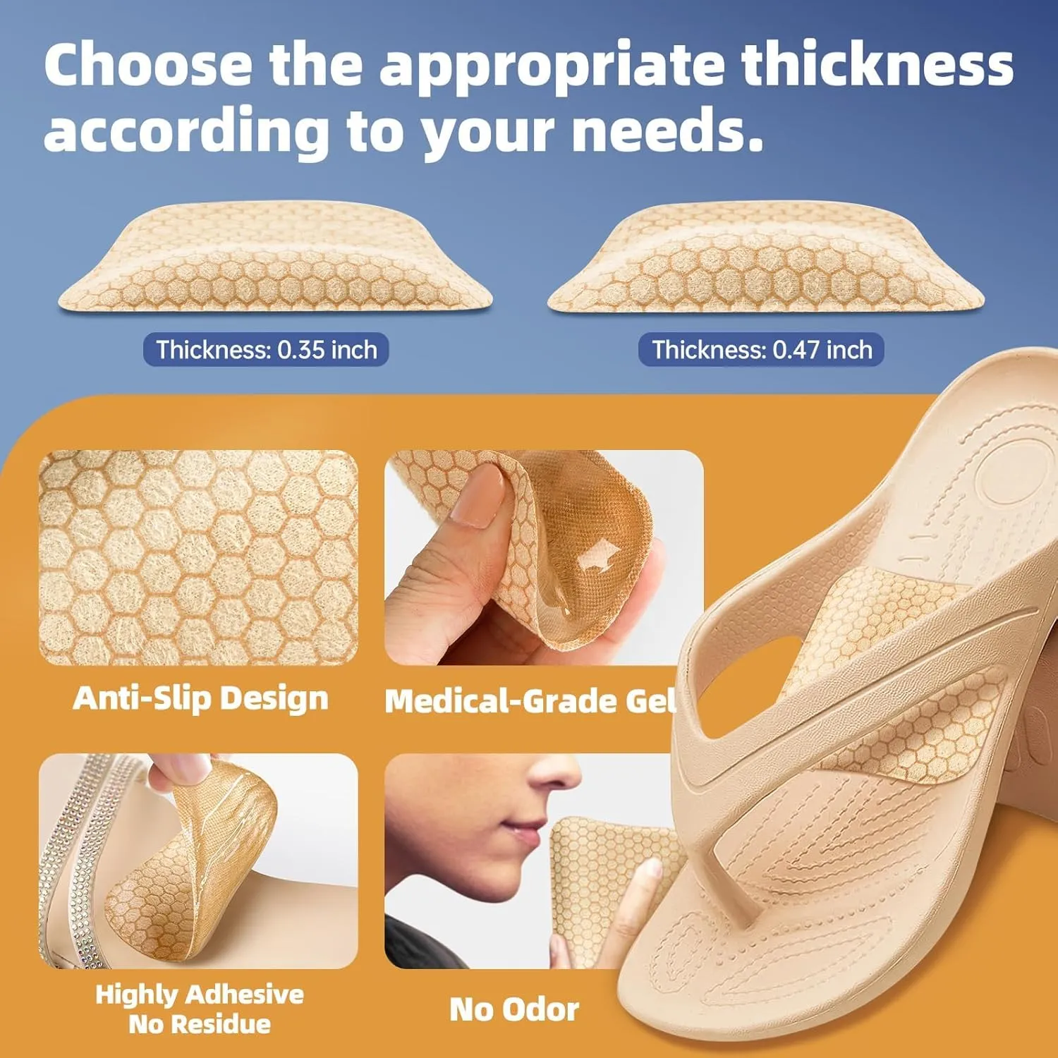 Arch Support Inserts Women for Flat Feet, Gel Arch Inserts for Plantar Fasciitis Relief, Non-Slip Arch Support Pads, Two-Option of Different Heights (Low-Beige)