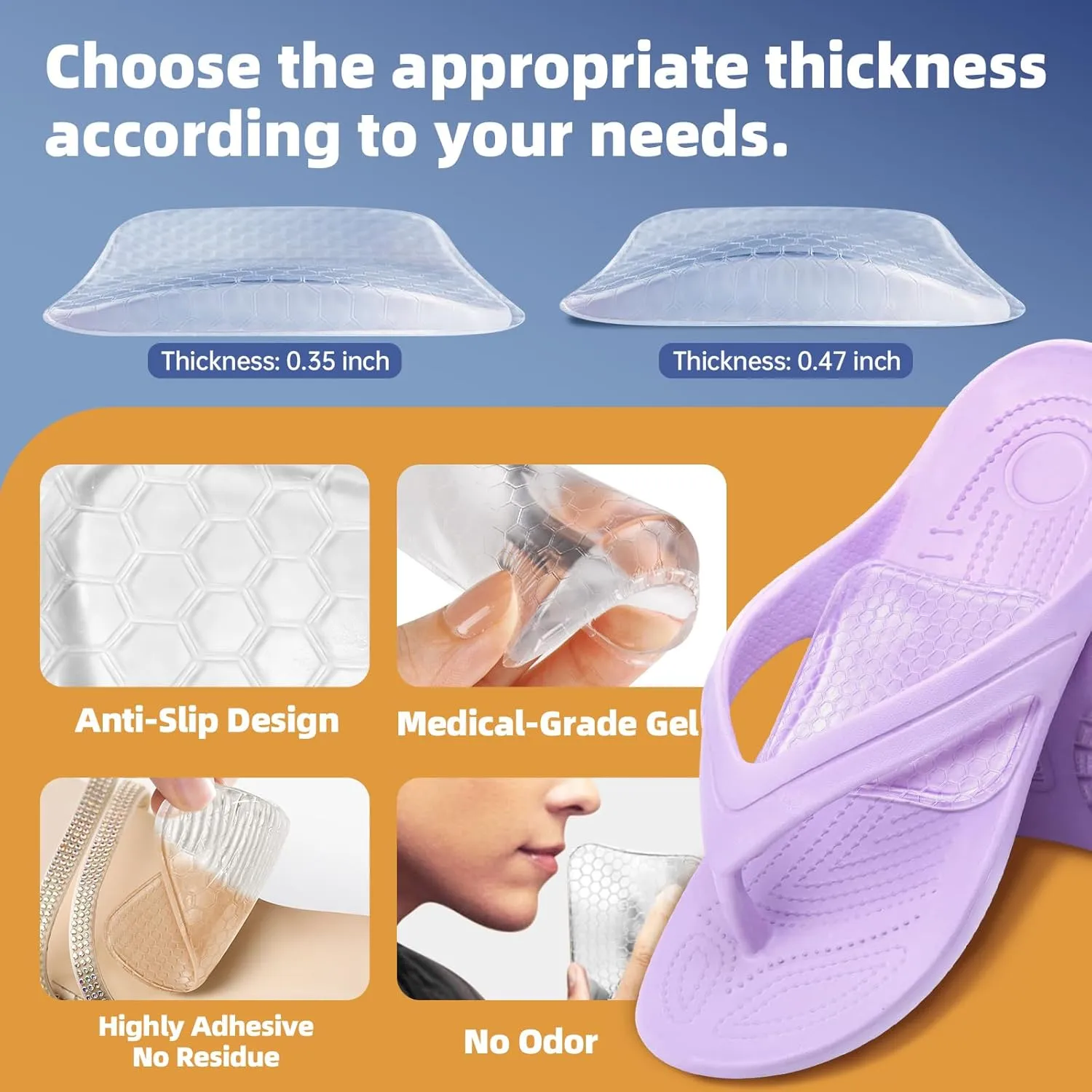 Arch Support Inserts Women for Flat Feet, Gel Arch Inserts for Plantar Fasciitis Relief, Non-Slip Arch Support Pads, Two-Option of Different Heights (Low-Clear)