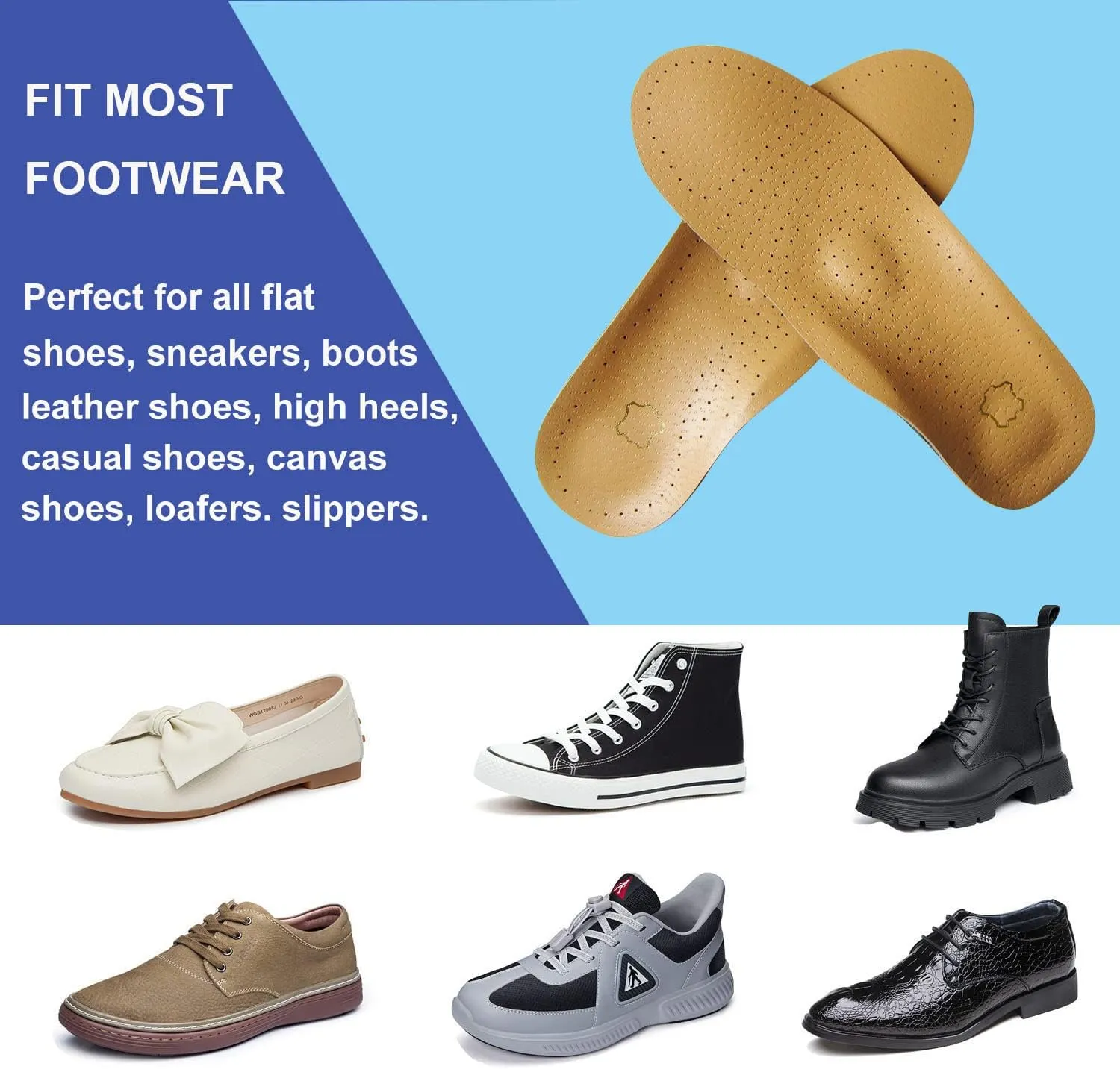 Arch Support Leather Insoles for Men Orthotic Shoe Insoles for Flat Feet Plantar Fasciitis Bone Spurs Non Slip Shoe Pads for Absorption and Comfort Cushioning, Mens 11-11.5 M US