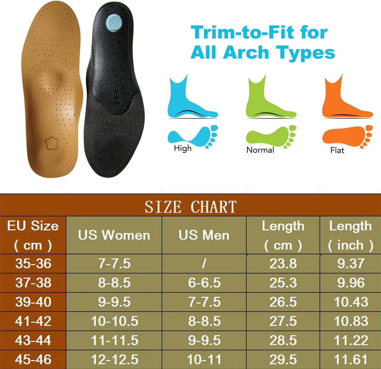 Arch Support Leather Insoles for Men Orthotic Shoe Insoles for Flat Feet Plantar Fasciitis Bone Spurs Non Slip Shoe Pads for Absorption and Comfort Cushioning, Mens 11-11.5 M US