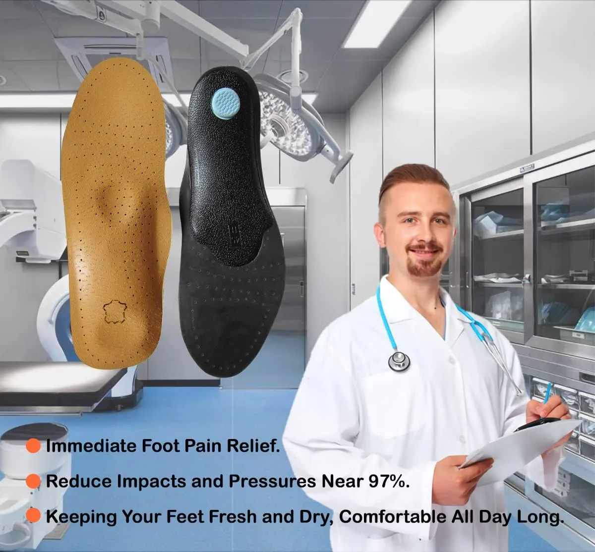 Arch Support Leather Insoles for Men Orthotic Shoe Insoles for Flat Feet Plantar Fasciitis Bone Spurs Non Slip Shoe Pads for Absorption and Comfort Cushioning, Mens 11-11.5 M US
