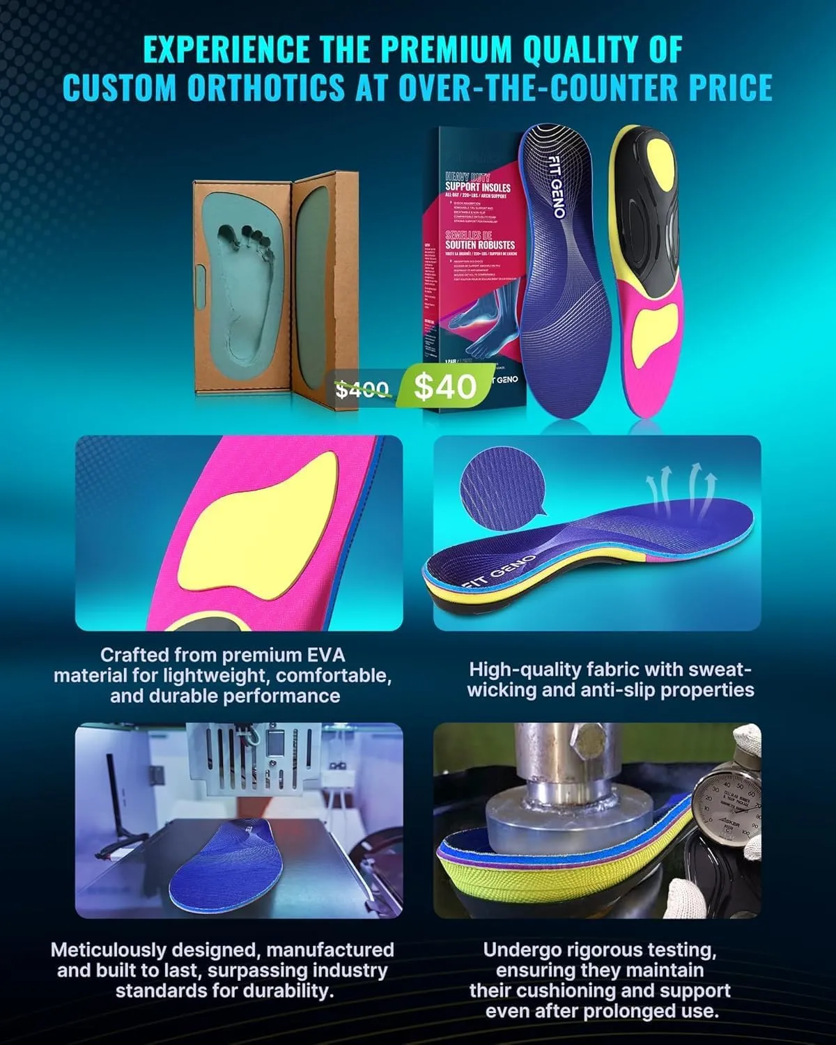 Arch Support Plantar Fasciitis Insoles: Fit Geno Orthotics Inserts for High Arch Pain Relief – Heavy Duty Shoe Inserts for Women & Men 220lbs  – for Work Boots & Sneakers (Women's 10-11 / Men's 8-9)