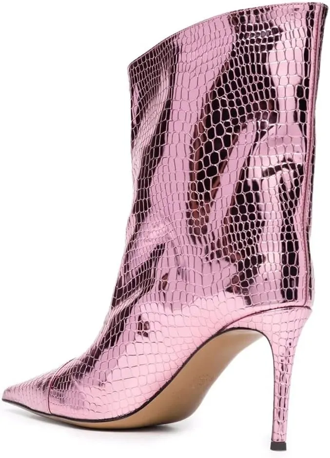 Arqa Women's Metallic Leather Boots, Pointed Toe Stiletto Heel Ankle Boot Wide Calf Fall Fashion Booties