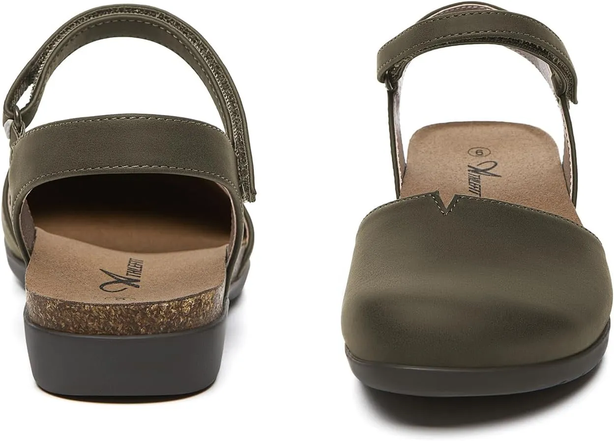 Athlefit Women's Closed Toe Sandals Comfort Cork Footbed Arch Support Flat Sandals