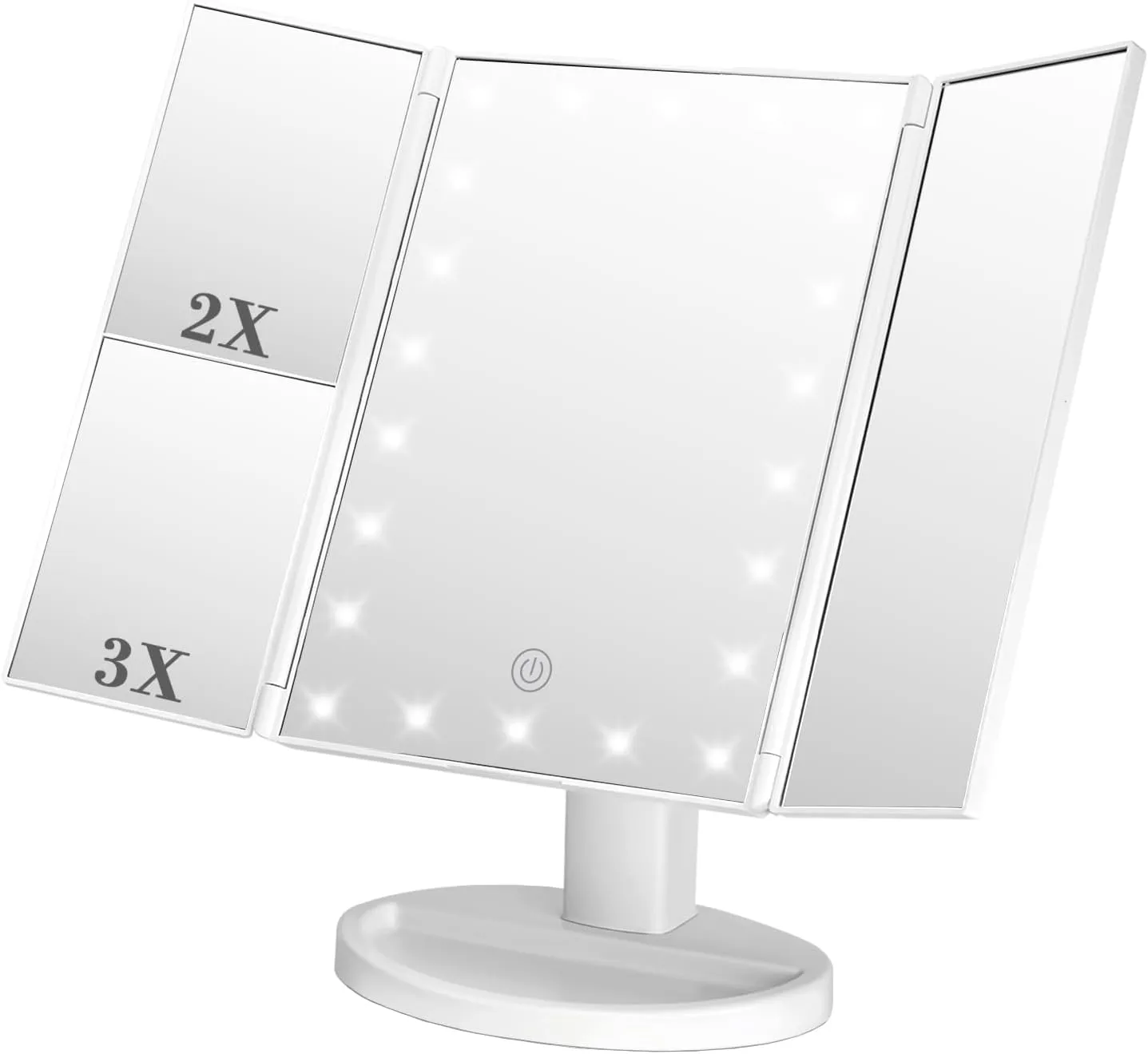 ATOMUS Makeup Mirror with 21 LED Lights 1x/2x/3x Magnification Tri-Fold Vanity Mirror Two Power Supply Modes Touch Dimming &180° Rotation (White)