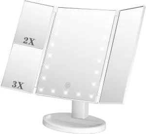 ATOMUS Makeup Mirror with 21 LED Lights 1x/2x/3x Magnification Tri-Fold Vanity Mirror Two Power Supply Modes Touch Dimming &180° Rotation (White)