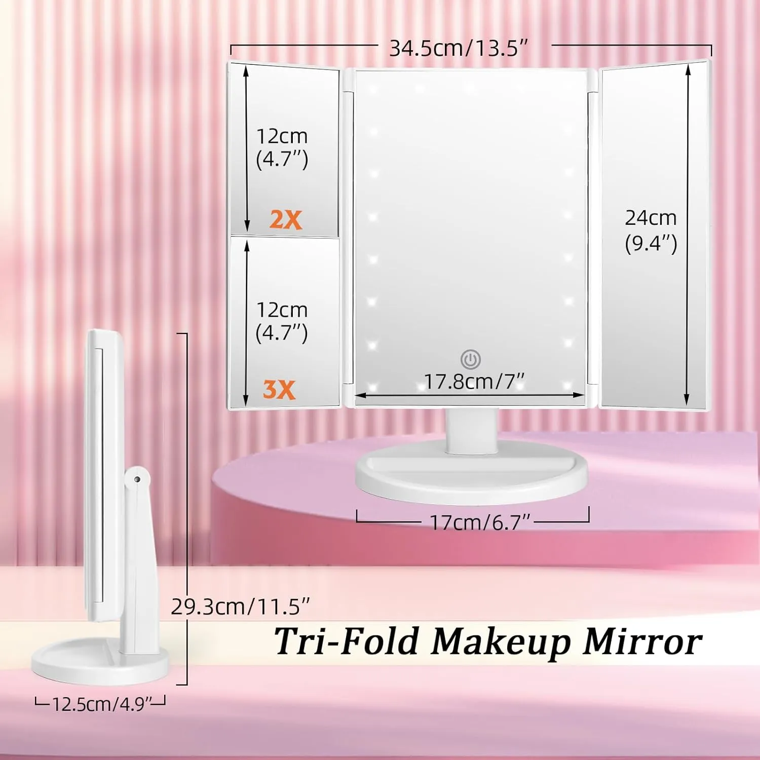ATOMUS Makeup Mirror with 21 LED Lights 1x/2x/3x Magnification Tri-Fold Vanity Mirror Two Power Supply Modes Touch Dimming &180° Rotation (White)