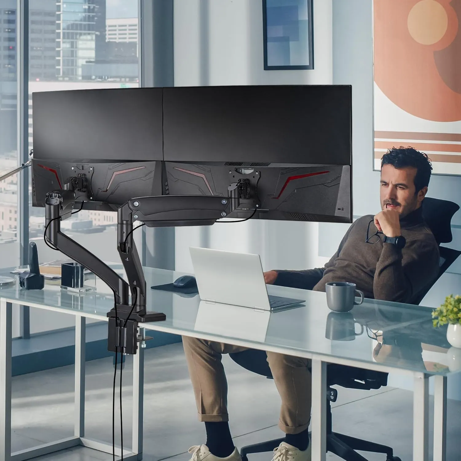 AVLT Dual 13"-43" Monitor Arm - Desk Mount for Two Flat/Curved Monitors - Full Motion Height Swivel Tilt Rotation Adjustable - Black/VESA/C-Clamp/Grommet/Cable Management