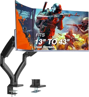 AVLT Dual 13"-43" Monitor Arm - Desk Mount for Two Flat/Curved Monitors - Full Motion Height Swivel Tilt Rotation Adjustable - Black/VESA/C-Clamp/Grommet/Cable Management