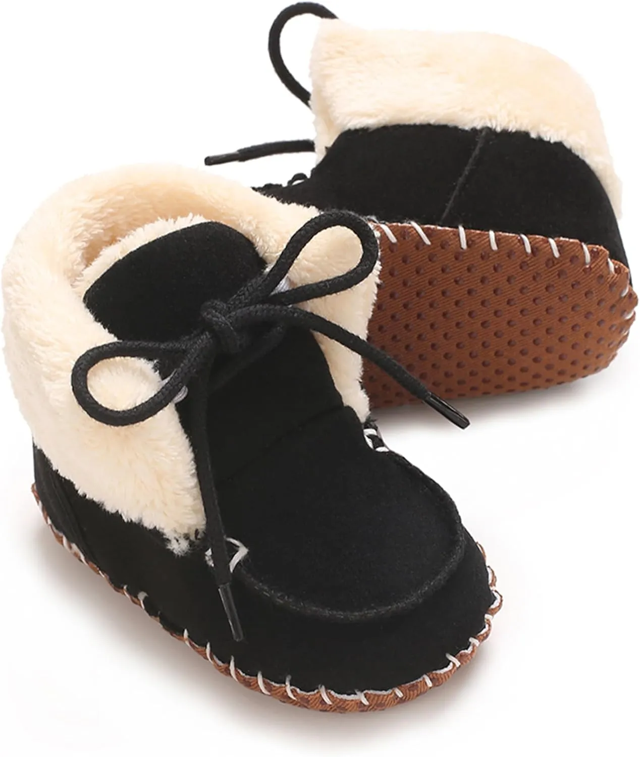 Baby Boys Girls Winter Boot with Gripper Non Slip Lace up Warm Booties Soft Fur Lined Prewalker Shoes 0-18 Months