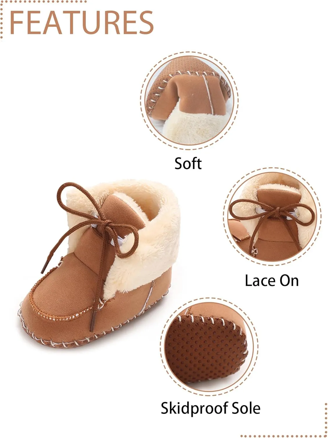 Baby Boys Girls Winter Boot with Gripper Non Slip Lace up Warm Booties Soft Fur Lined Prewalker Shoes 0-18 Months