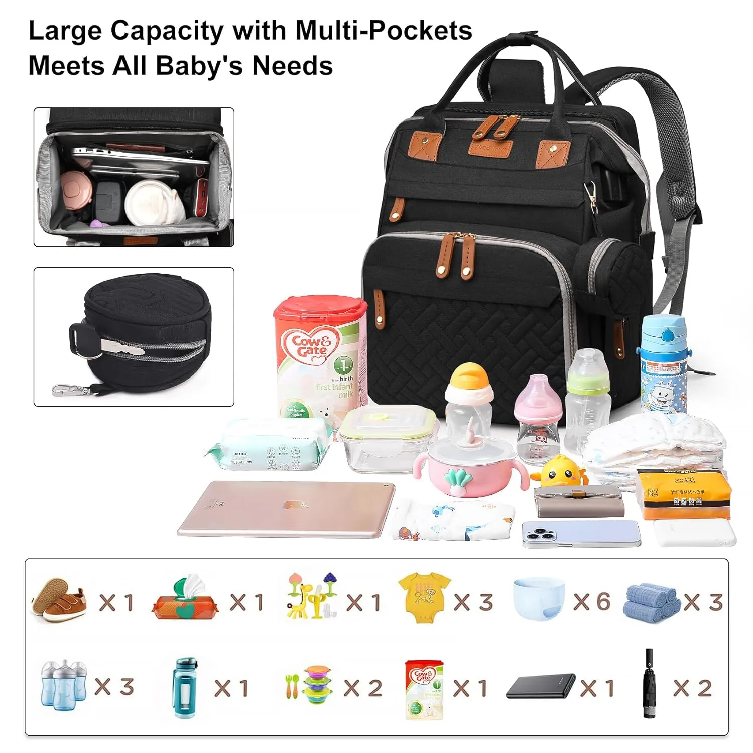 Baby Diaper Bag Backpack Diaper Bag Multifunctional Waterproof Diaper Bag with Changing Station Travel Diaper Backpack with Changing Pad, Pacifier Case & Stroller Straps(Black)