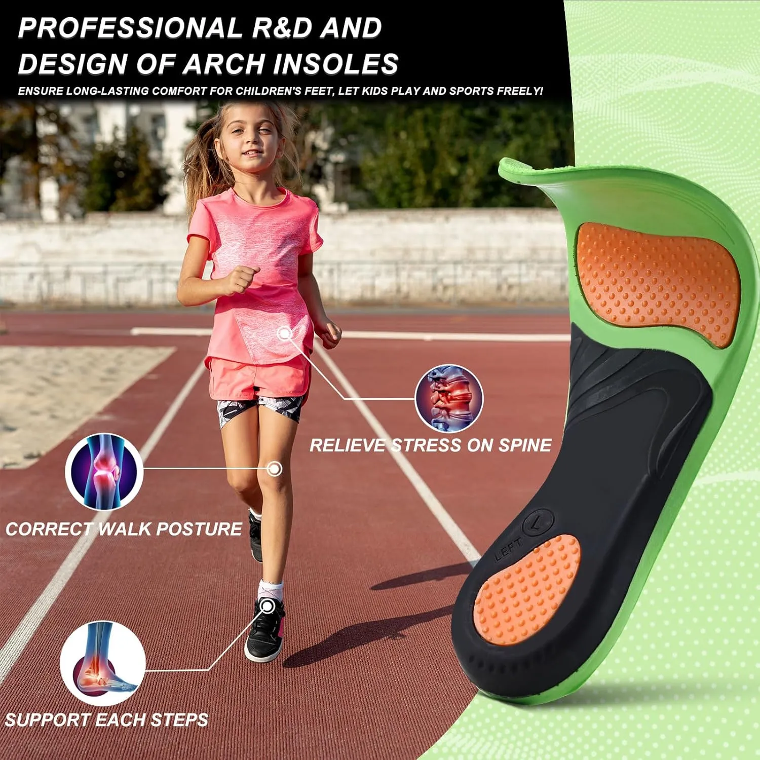 Bacophy Kids Orthotic Arch Support Insoles, Plantar Fasciitis Cushioning Shoe Inserts, Shock Absorption Velvet Surfaces Deep Heel Cup Chinldren Inner Soles for Flat Feet, Feet Heel Pain Relief (XXL)